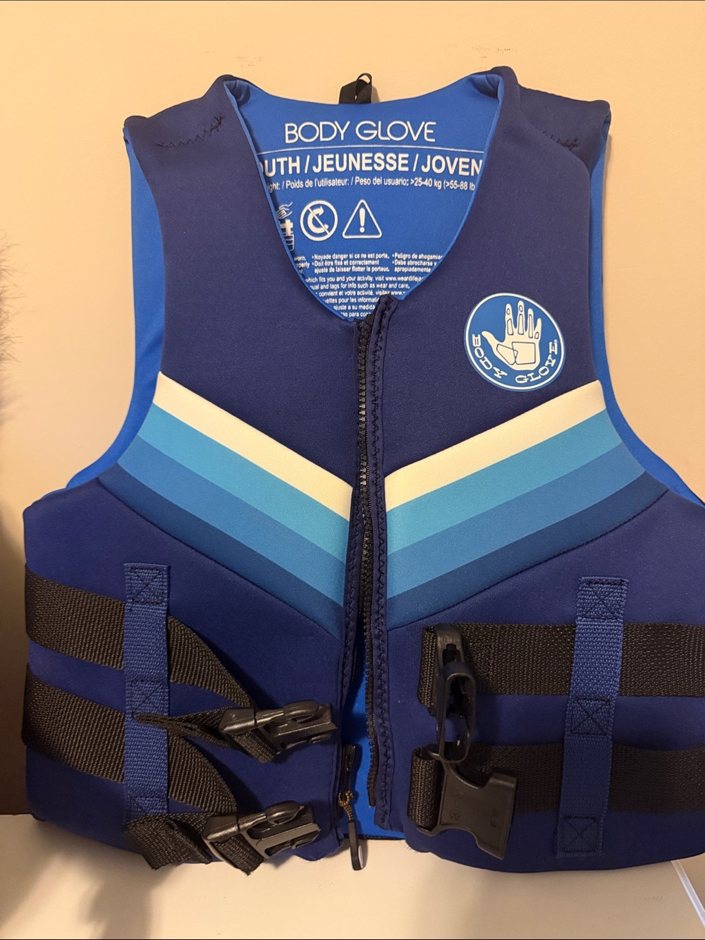 Body Glove Navy Blue Chevron Kids Life Jacket 55-88lbs used once